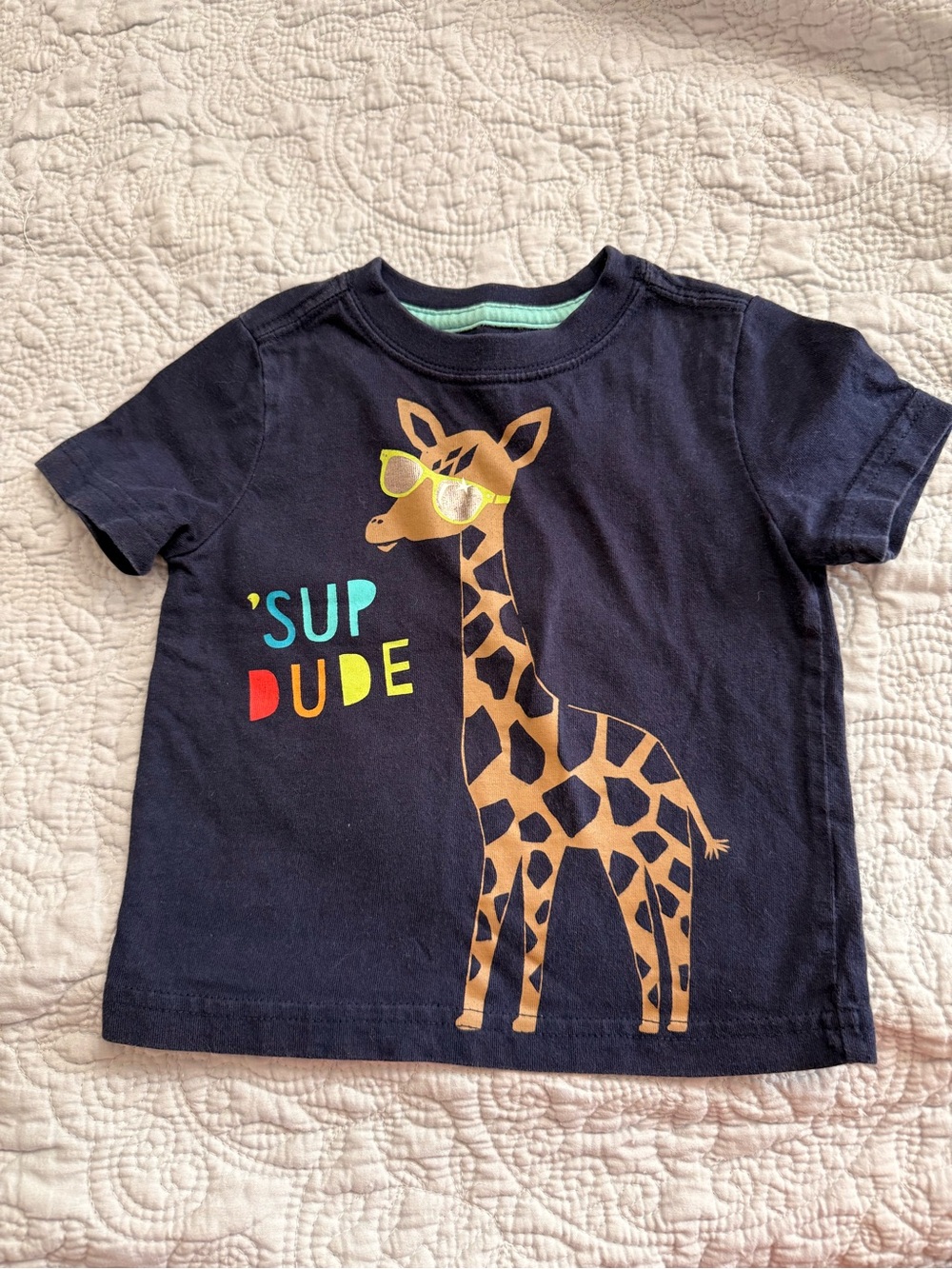 Gymboree Navy Tee with Giraffe and Multicolor 'Sup Dude' Print